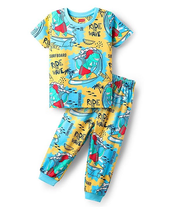 Babyhug Cotton Knit Half Sleeves Night Suit With Dino Print - Multicolour