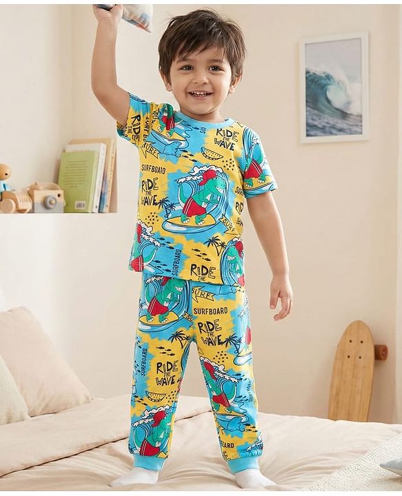 Babyhug Cotton Knit Half Sleeves Night Suit With Dino Print - Multicolour