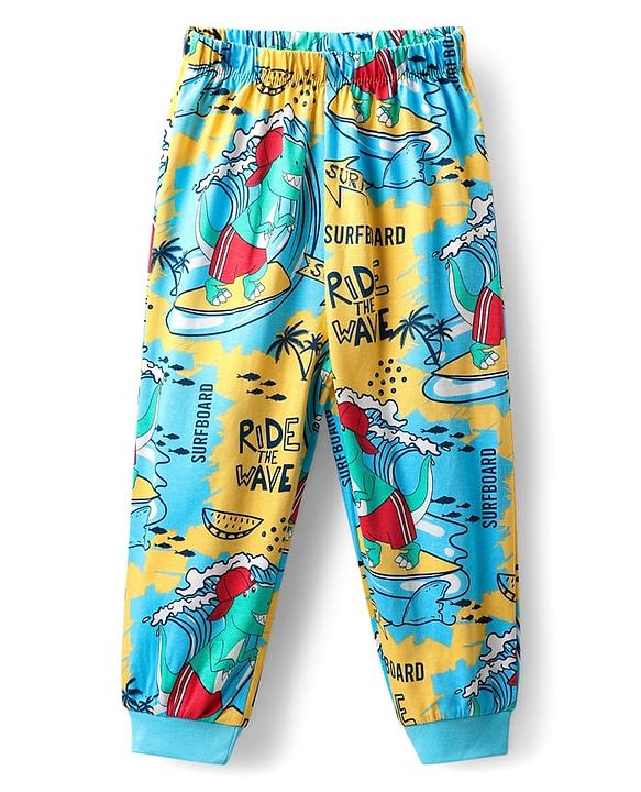 Babyhug Cotton Knit Half Sleeves Night Suit With Dino Print - Multicolour