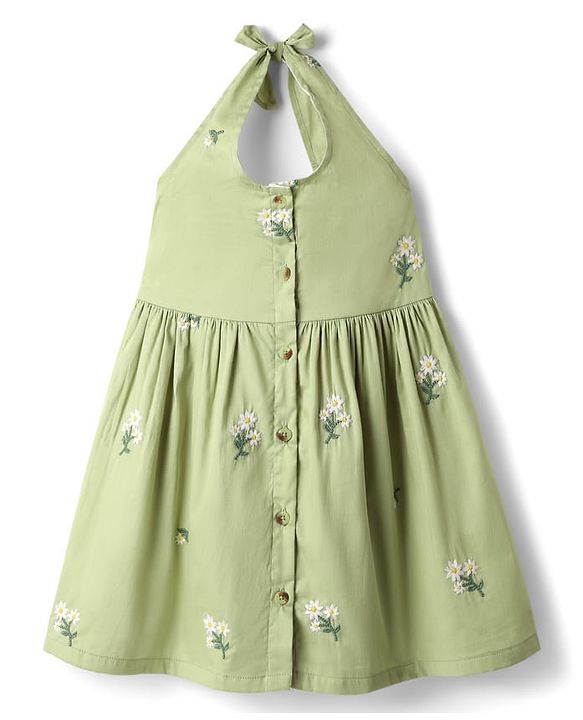 Babyhug Cotton Woven Sleeveless Halter Neck Frock with Floral Embroidery - Green