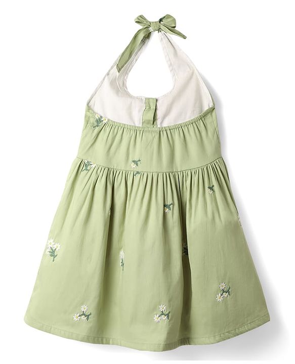 Babyhug Cotton Woven Sleeveless Halter Neck Frock with Floral Embroidery - Green