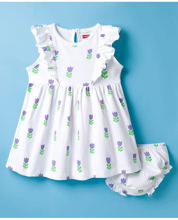 Babyhug Single Jersey Knit Frill Sleeves Floral Printed Frock with Bloomer - White