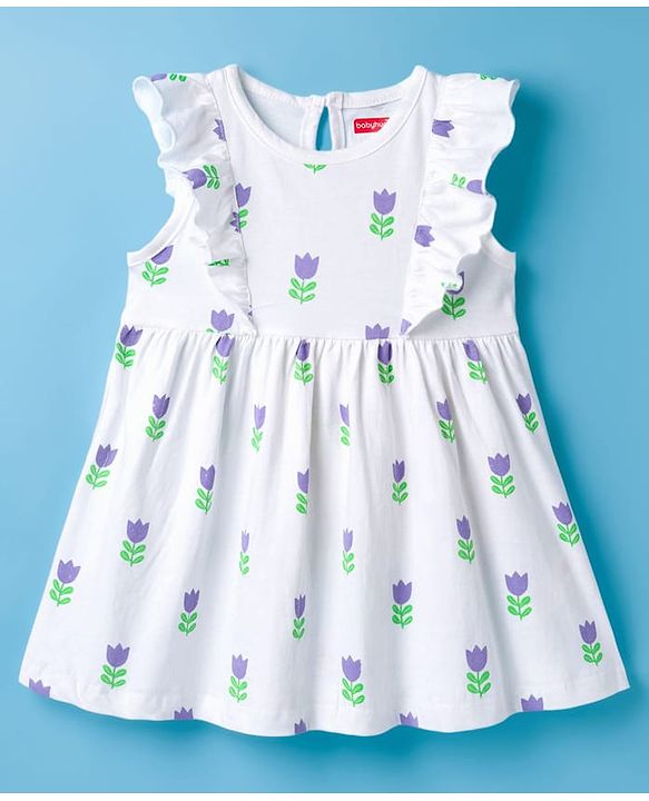 Babyhug Single Jersey Knit Frill Sleeves Floral Printed Frock with Bloomer - White