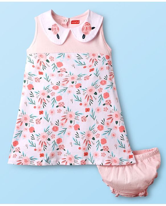 Babyhug Single Jersey Knit Sleeveless Peter Pan Collar Frock With Floral Print & Bloomer - Light Pink