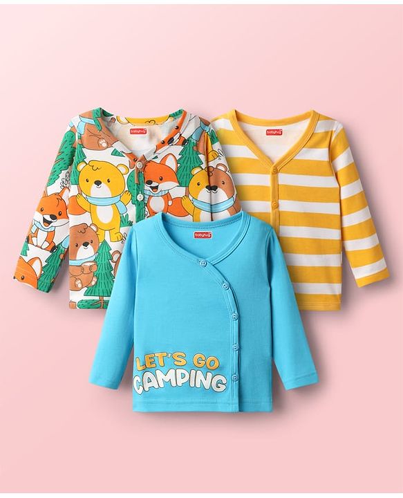 Babyhug 100% Cotton Interlock Knit Full Sleeves Front Open Vest With Stripes & Animal Print Pack Of 3 - Yellow Light Blue & Green
