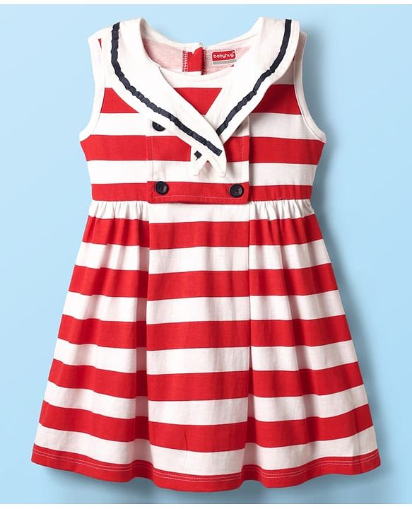 Babyhug 100% Cotton Sleeveless Striped Frock With Sailor Collar Neck - White & Red