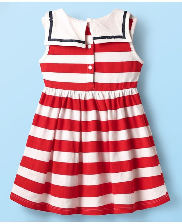 Babyhug 100% Cotton Sleeveless Striped Frock With Sailor Collar Neck - White & Red