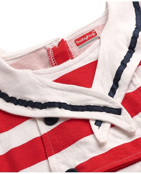 Babyhug 100% Cotton Sleeveless Striped Frock With Sailor Collar Neck - White & Red