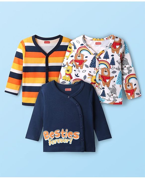 Babyhug 100% Cotton Full Sleeves Front Open Jhablas With Stripes & Animal Print Pack Of 3 - Navy Blue White & Yellow