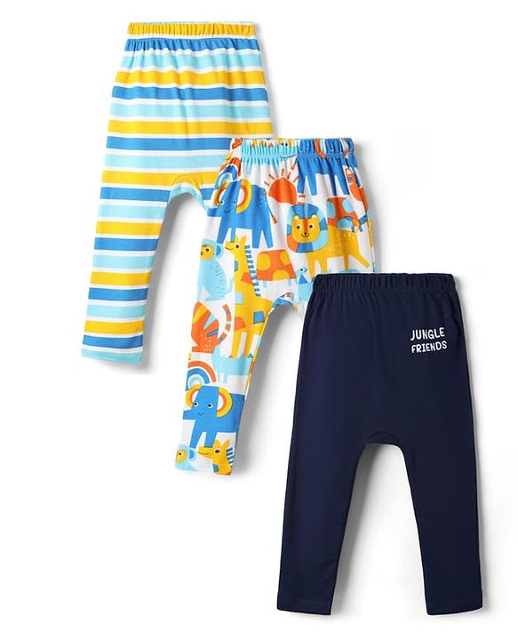 Babyhug Cotton Knit Full Length Diaper Leggings With Stripes & Animal Print Pack Of 3 - Multicolour