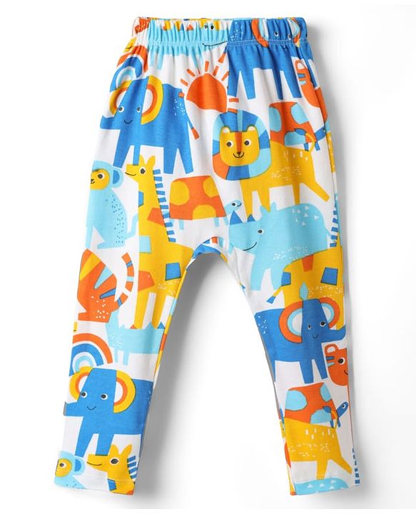 Babyhug Cotton Knit Full Length Diaper Leggings With Stripes & Animal Print Pack Of 3 - Multicolour