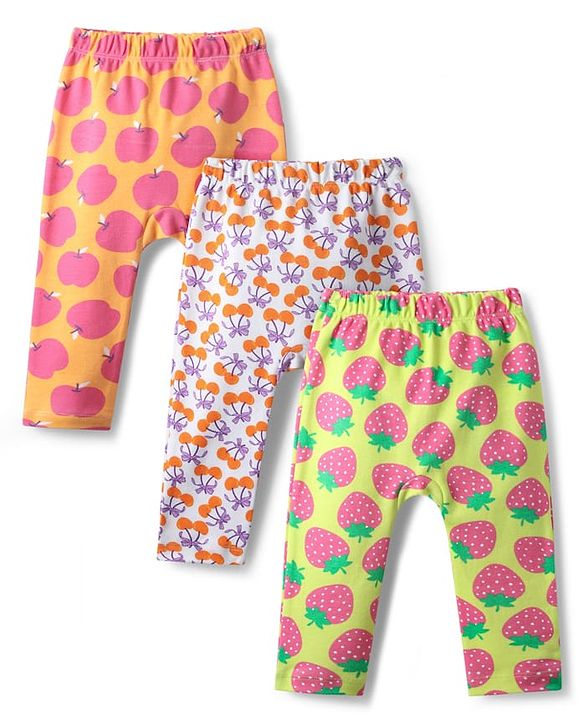 Babyhug Cotton Knit Full Length Diaper Legging With Tropical Theme Print Pack Of 3 - Orange Yellow & Purple