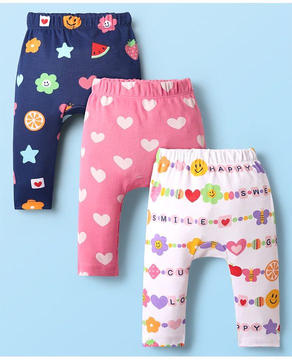 Babyhug Interlock Knit Full Length Heart & Fruit Printed Diaper Leggings Pack of 3 - White Pink & Navy Blue