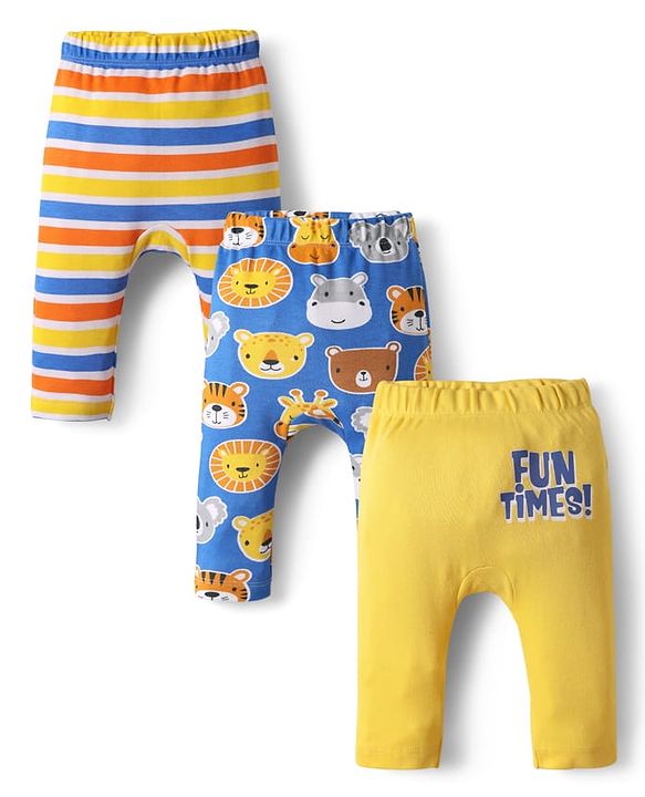 Babyhug Interlock Knit Full Length Diaper Leggings with Stripes & Animal Print Pack Of 3 - Blue & Yellow
