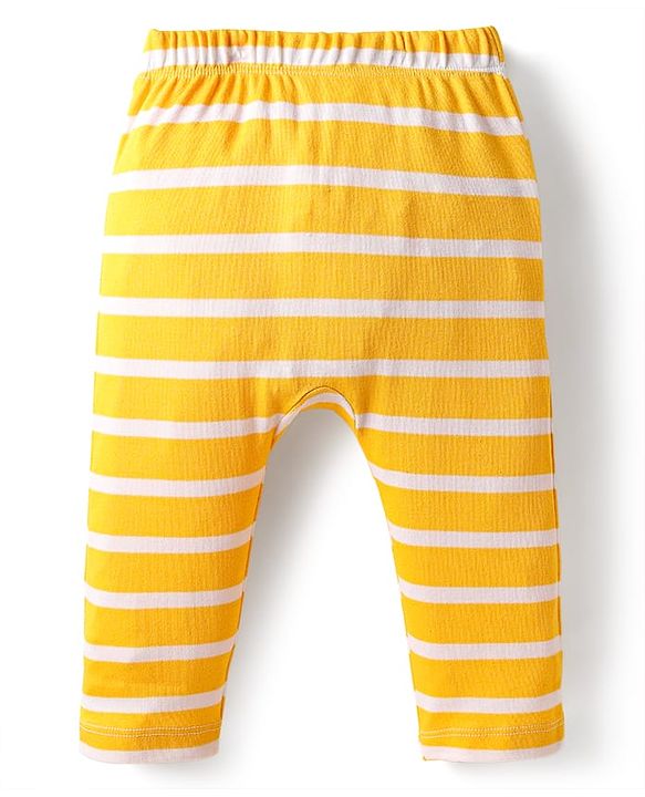 Babyhug 100% Cotton Interlock Knit Full Length Diaper Pants with Stripes & Vehicle Print Pack of 3 - Yellow & Navy Blue