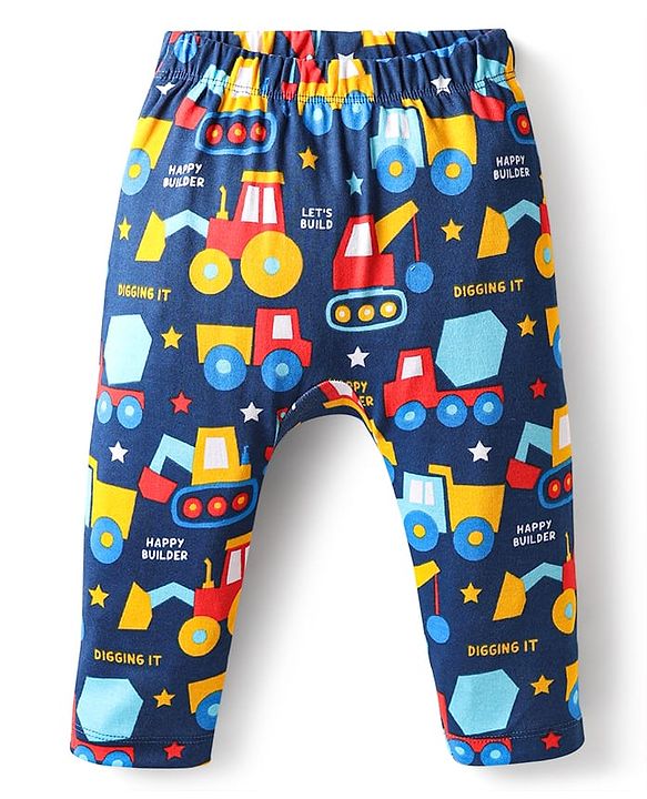 Babyhug 100% Cotton Interlock Knit Full Length Diaper Pants with Stripes & Vehicle Print Pack of 3 - Yellow & Navy Blue