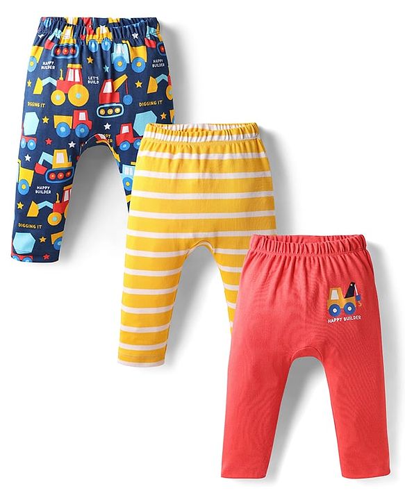 Babyhug 100% Cotton Interlock Knit Full Length Diaper Pants with Stripes & Vehicle Print Pack of 3 - Yellow & Navy Blue