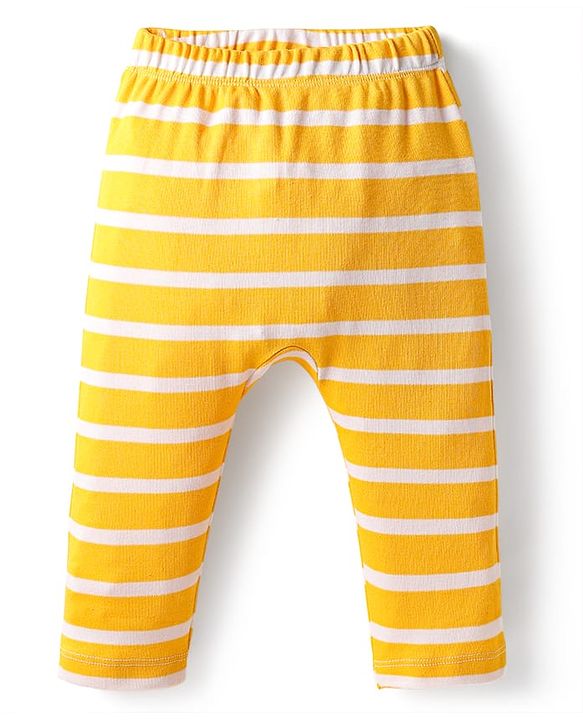 Babyhug 100% Cotton Interlock Knit Full Length Diaper Pants with Stripes & Vehicle Print Pack of 3 - Yellow & Navy Blue