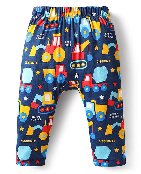 Babyhug 100% Cotton Interlock Knit Full Length Diaper Pants with Stripes & Vehicle Print Pack of 3 - Yellow & Navy Blue