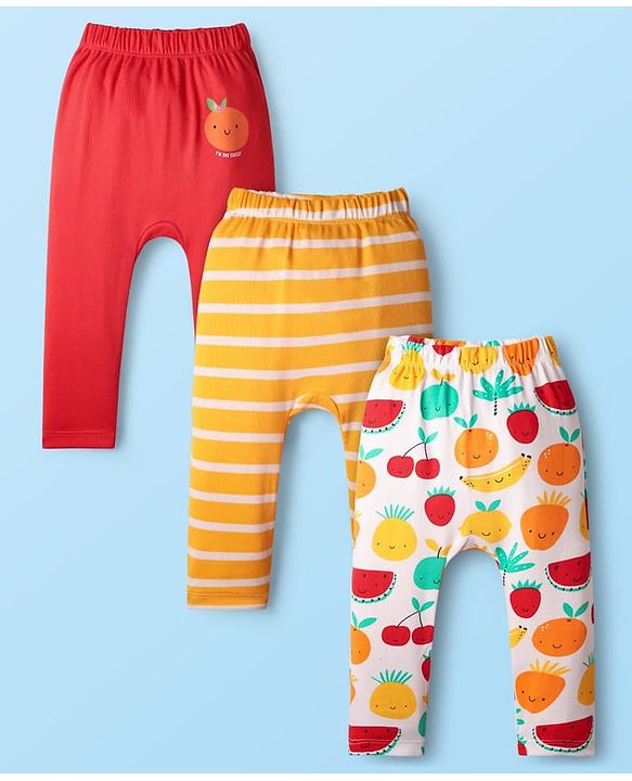 Babyhug Interlock Knit Full Length Diaper Leggings with Fruit Print & Stripes Pack of 3 - Red White & Yellow