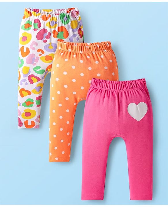 Babyhug Cotton Knit Full Length Diaper Leggings With Polka Dot Print Pack Of 3 - Orange