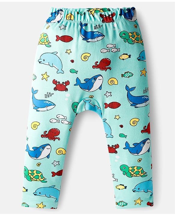 Babyhug Cotton Interlock Knit Full Length Diaper Pant with Stripe & Sea Animal Print Pack of 3 - White Yellow & Aqua Blue