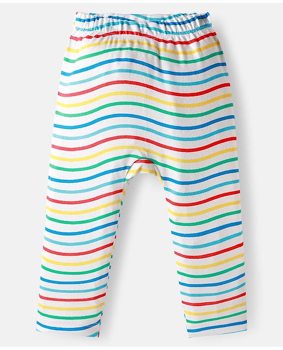 Babyhug Cotton Interlock Knit Full Length Diaper Pant with Stripe & Sea Animal Print Pack of 3 - White Yellow & Aqua Blue