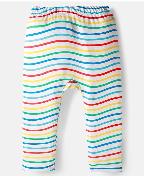 Babyhug Cotton Interlock Knit Full Length Diaper Pant with Stripe & Sea Animal Print Pack of 3 - White Yellow & Aqua Blue