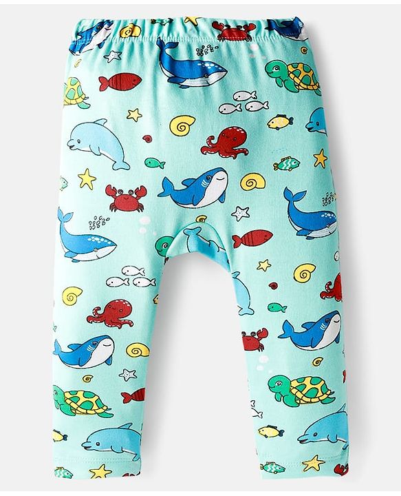 Babyhug Cotton Interlock Knit Full Length Diaper Pant with Stripe & Sea Animal Print Pack of 3 - White Yellow & Aqua Blue