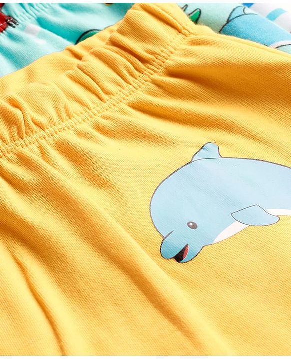 Babyhug Cotton Interlock Knit Full Length Diaper Pant with Stripe & Sea Animal Print Pack of 3 - White Yellow & Aqua Blue