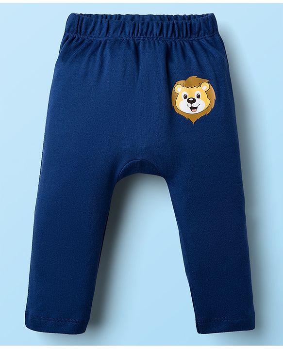 Babyhug Cotton Knit Full Length Diaper Leggings With Animal Print & Stripes Pack Of 3 - Navy Blue White & Yellow