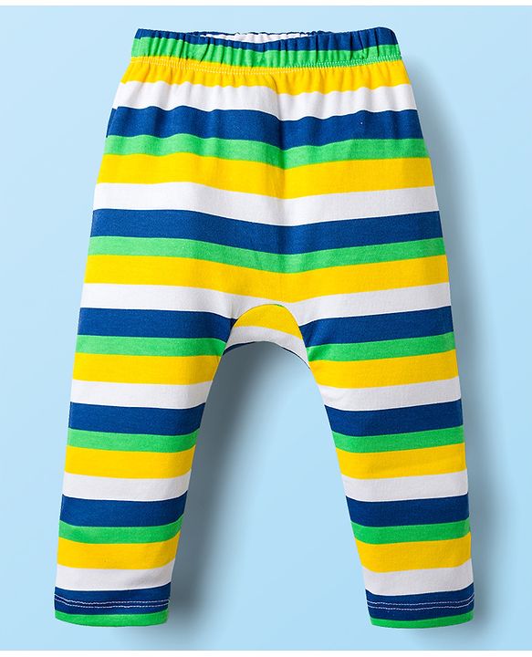 Babyhug Cotton Knit Full Length Diaper Leggings With Animal Print & Stripes Pack Of 3 - Navy Blue White & Yellow