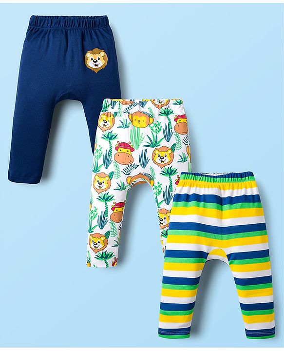 Babyhug Cotton Knit Full Length Diaper Leggings With Animal Print & Stripes Pack Of 3 - Navy Blue White & Yellow