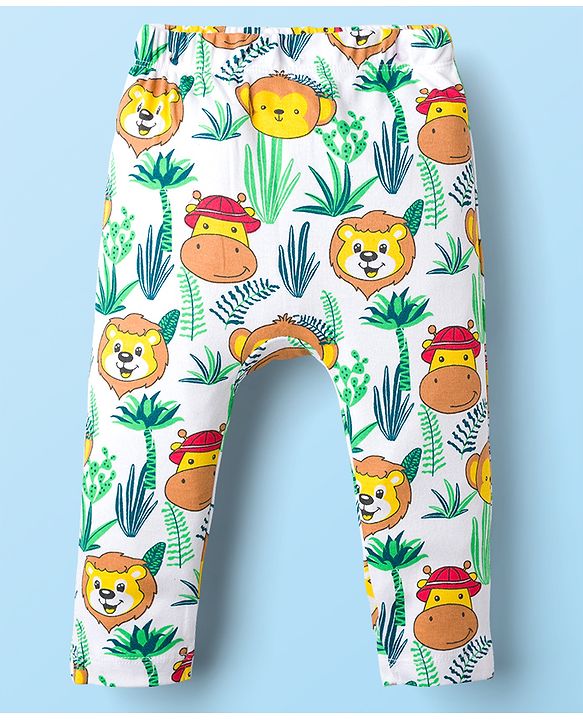 Babyhug Cotton Knit Full Length Diaper Leggings With Animal Print & Stripes Pack Of 3 - Navy Blue White & Yellow