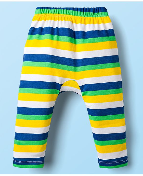 Babyhug Cotton Knit Full Length Diaper Leggings With Animal Print & Stripes Pack Of 3 - Navy Blue White & Yellow