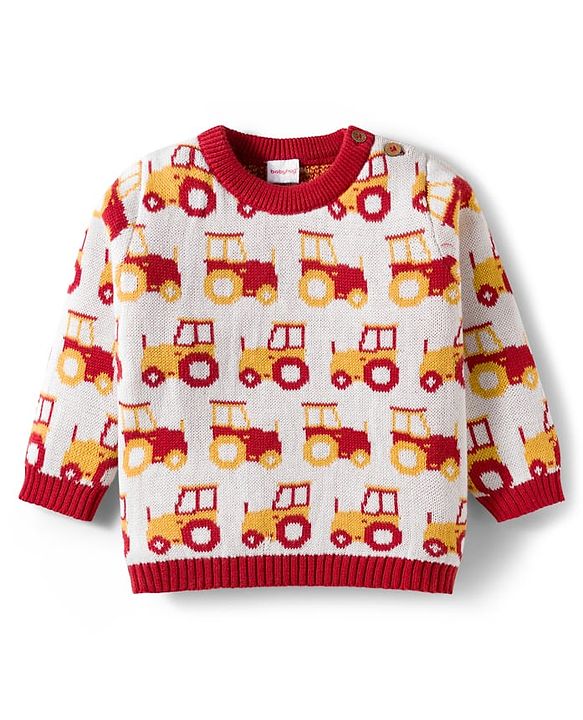 Babyhug Organic Cotton Knit Full Sleeves Sweater Set With Cap & Vehicle Design - Brown & White
