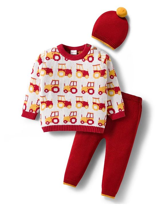 Babyhug Organic Cotton Knit Full Sleeves Sweater Set With Cap & Vehicle Design - Brown & White
