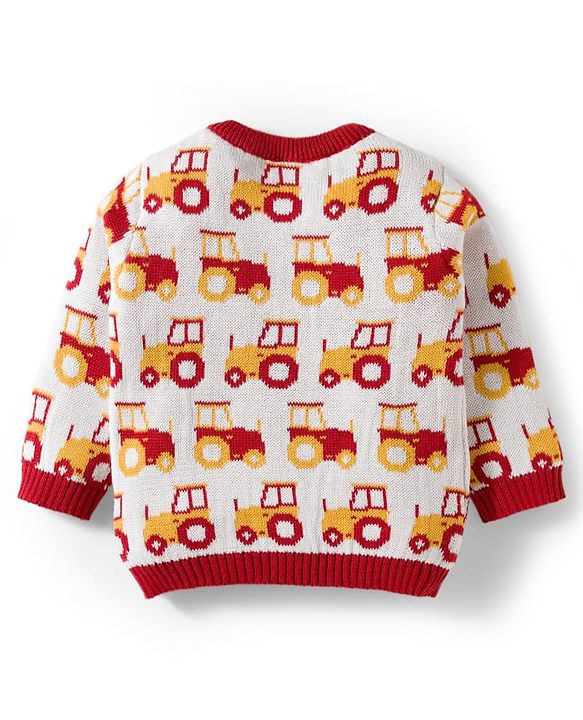 Babyhug Organic Cotton Knit Full Sleeves Sweater Set With Cap & Vehicle Design - Brown & White