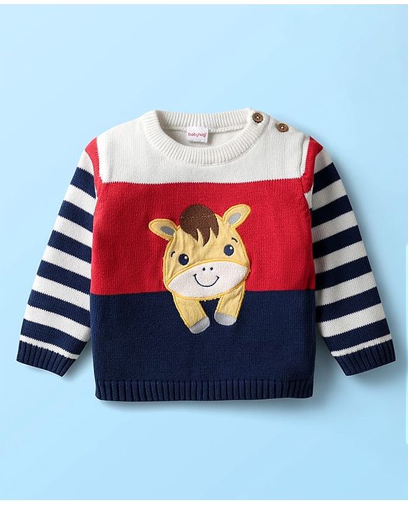 Babyhug Organic Cotton Full Sleeves Striped Pullover Sweater Set with Cap & Patch Detailing - Multicolor