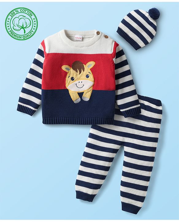 Babyhug Organic Cotton Full Sleeves Striped Pullover Sweater Set with Cap & Patch Detailing - Multicolor