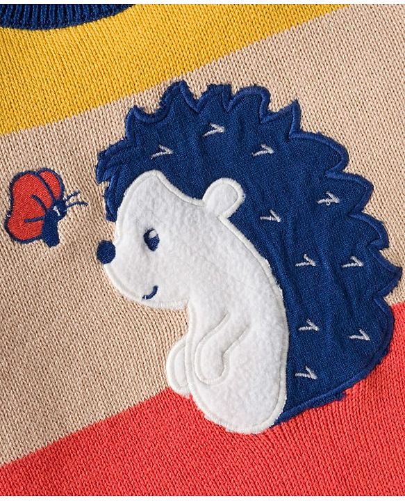 Babyhug Organic Cotton Knit Full Sleeves Sweater Set with Color Block Design Porcupine Patch & Cap - Navy Blue