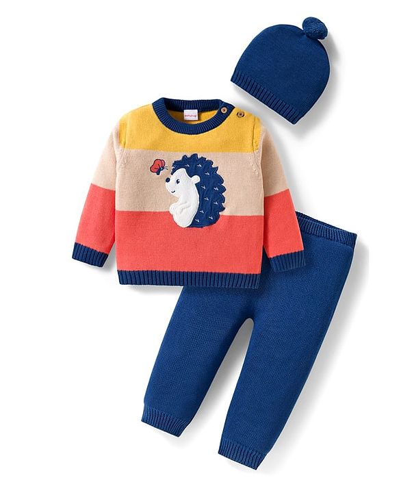 Babyhug Organic Cotton Knit Full Sleeves Sweater Set with Color Block Design Porcupine Patch & Cap - Navy Blue