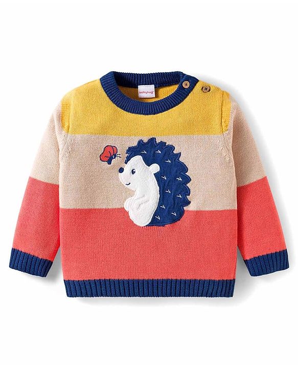 Babyhug Organic Cotton Knit Full Sleeves Sweater Set with Color Block Design Porcupine Patch & Cap - Navy Blue