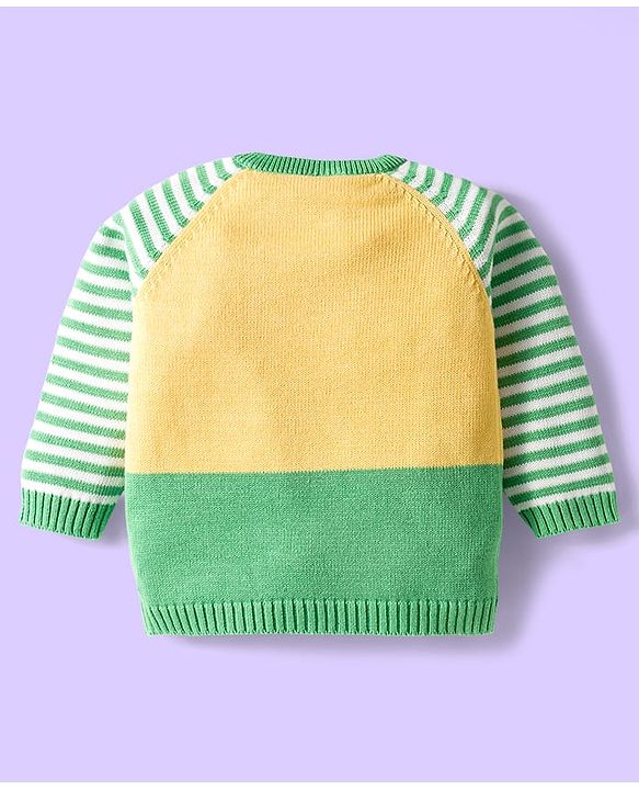 Babyhug Organic Cotton Knit Full Raglan Sleeves Sweater Set with Stripe Color Block Bear Design & Cap - Green
