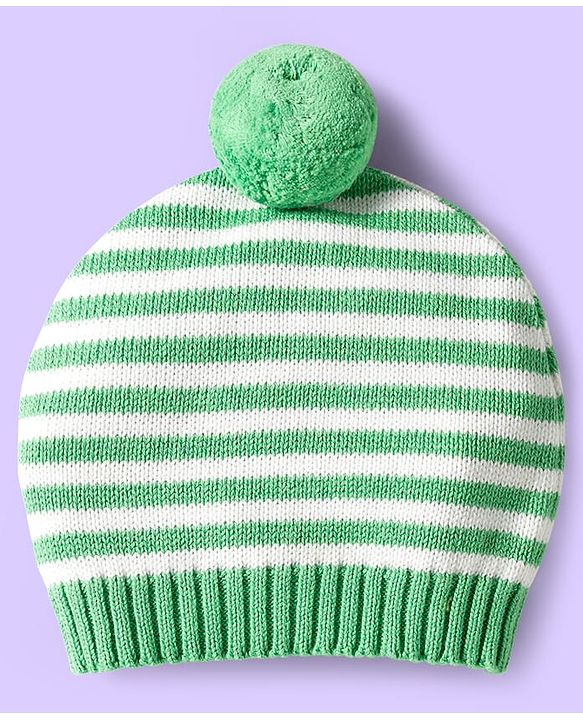 Babyhug Organic Cotton Knit Full Raglan Sleeves Sweater Set with Stripe Color Block Bear Design & Cap - Green
