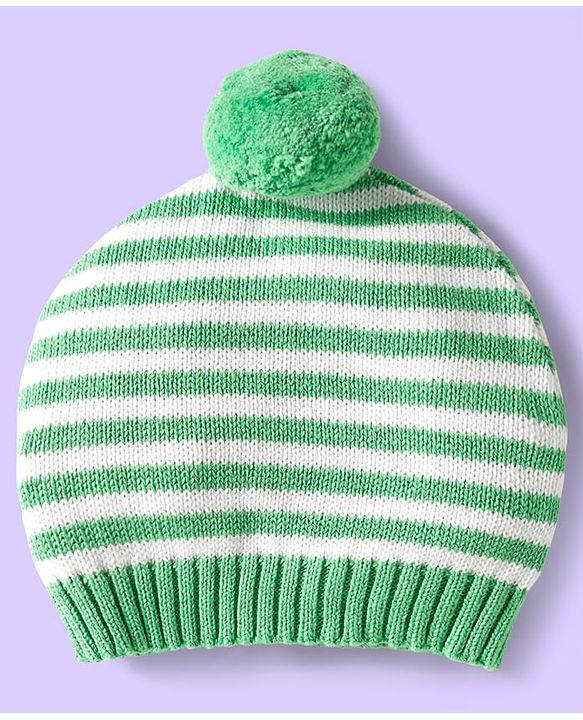 Babyhug Organic Cotton Knit Full Raglan Sleeves Sweater Set with Stripe Color Block Bear Design & Cap - Green