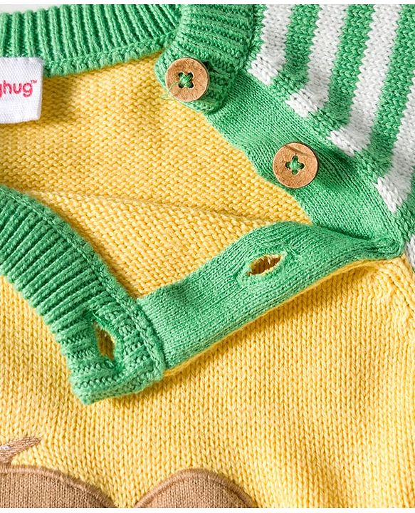 Babyhug Organic Cotton Knit Full Raglan Sleeves Sweater Set with Stripe Color Block Bear Design & Cap - Green