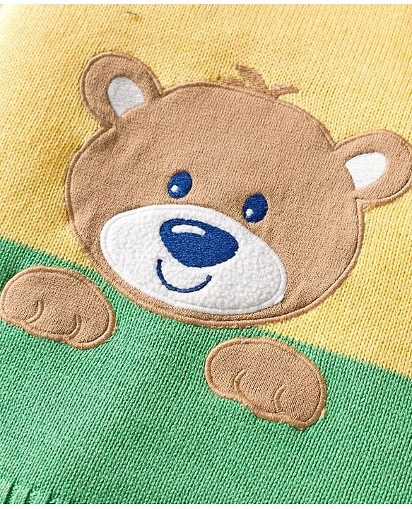 Babyhug Organic Cotton Knit Full Raglan Sleeves Sweater Set with Stripe Color Block Bear Design & Cap - Green