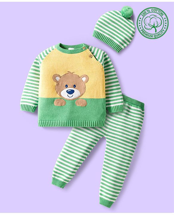 Babyhug Organic Cotton Knit Full Raglan Sleeves Sweater Set with Stripe Color Block Bear Design & Cap - Green