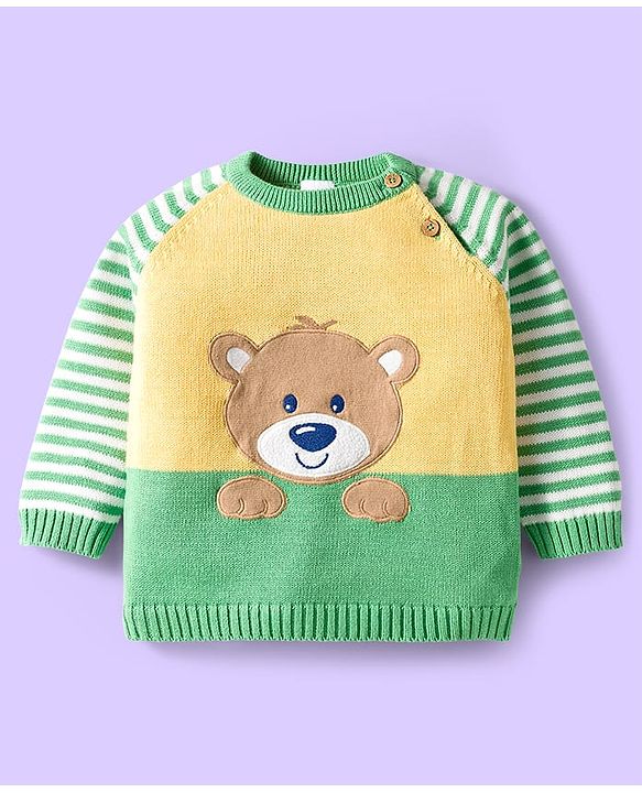 Babyhug Organic Cotton Knit Full Raglan Sleeves Sweater Set with Stripe Color Block Bear Design & Cap - Green